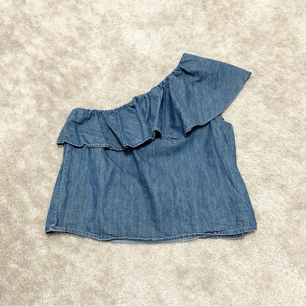 GAP Denim One-Shoulder Ruffle Top in Medium Wash Blue Asymmetrical Women's Large